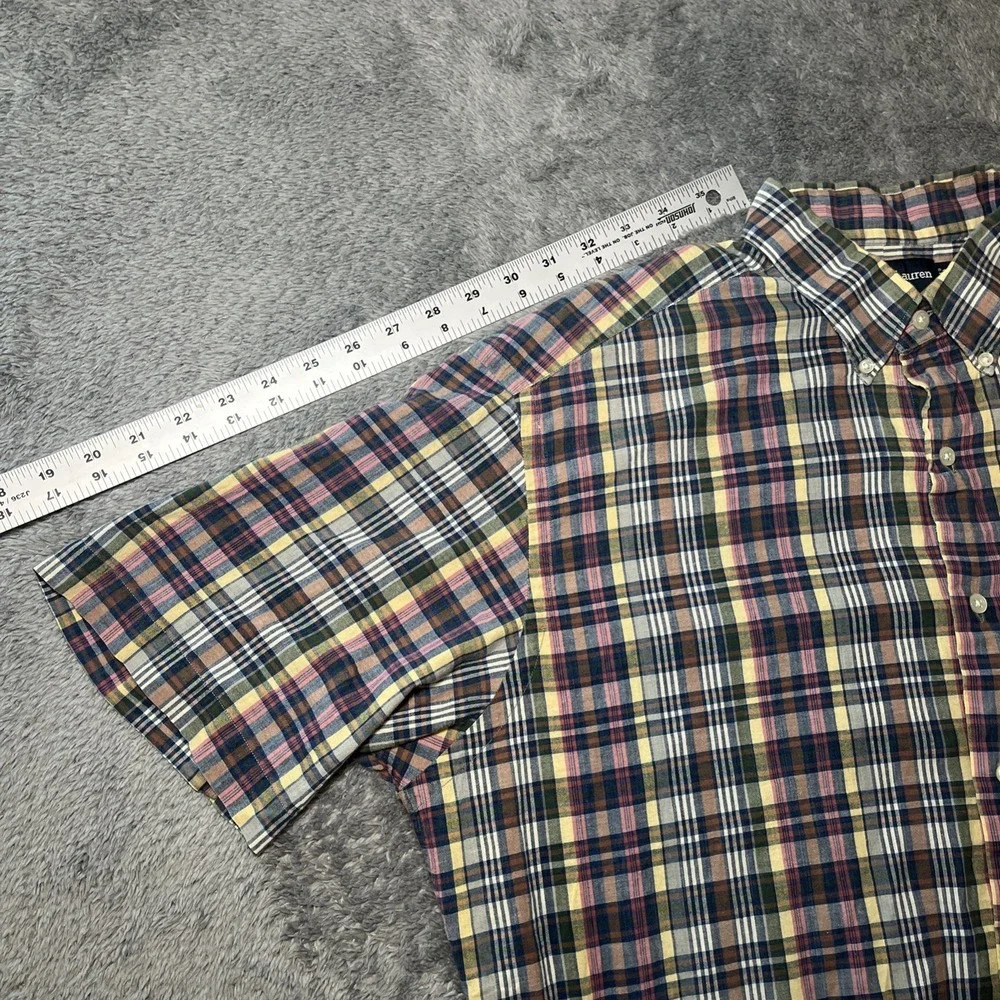 VTG Ralph Lauren Mcmeel Short Sleeve Plaid Polo Button Down Shirt Navy Pony SZ L